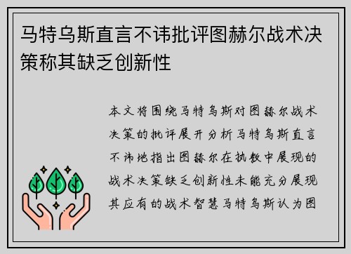 马特乌斯直言不讳批评图赫尔战术决策称其缺乏创新性